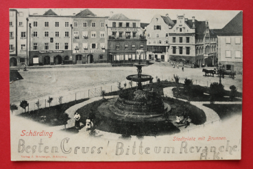 AK Schärding / 1904 / Stadtplatz mit Brunnen / Magazin Franz Feichtinger / K Neumayer Lederer / Weinhandlung L Pfliegl / Falterbauer Gasthaus / Oberösterreich